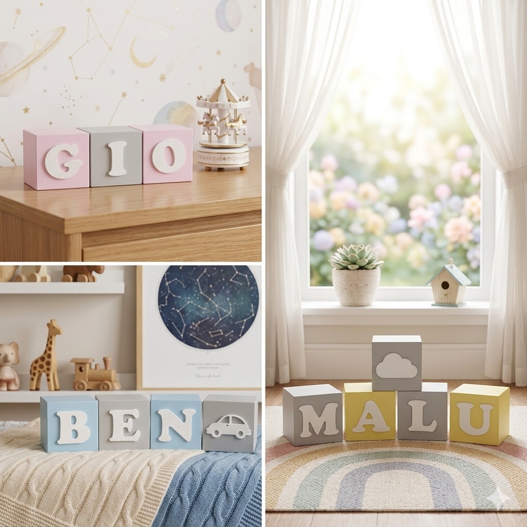 Cubos De MDF Decorativos Nome Do Bebê Letras E Desenhos 6cm - Imagem 2