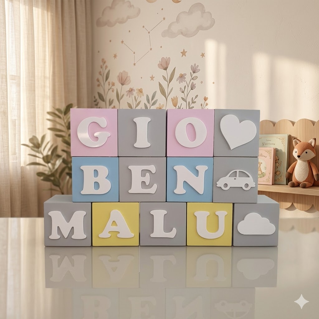 Cubos De MDF Decorativos Nome Do Bebê Letras E Desenhos 6cm - Imagem 3