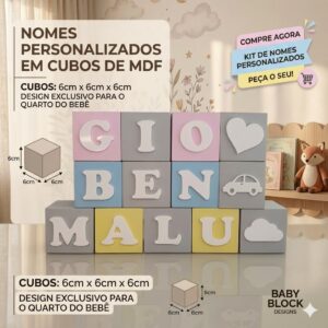 Cubos De MDF Decorativos Nome Do Bebê Letras E Desenhos 6cm
